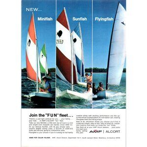 1971 AMF Alcort Minifish Sunfish Flyingfish Sailboats Vintage Print Ad Wall Art